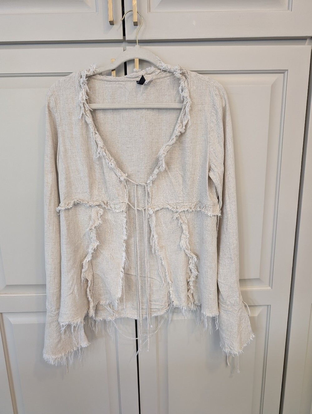 H&M Frayed Linen Blend  Light Cream Boho Top - M